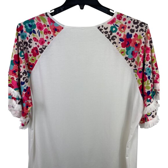 Cellabie White Multicolor Floral Fringe Half Sleeve Jersey Top Womens Size 3XL - Picture 6 of 8